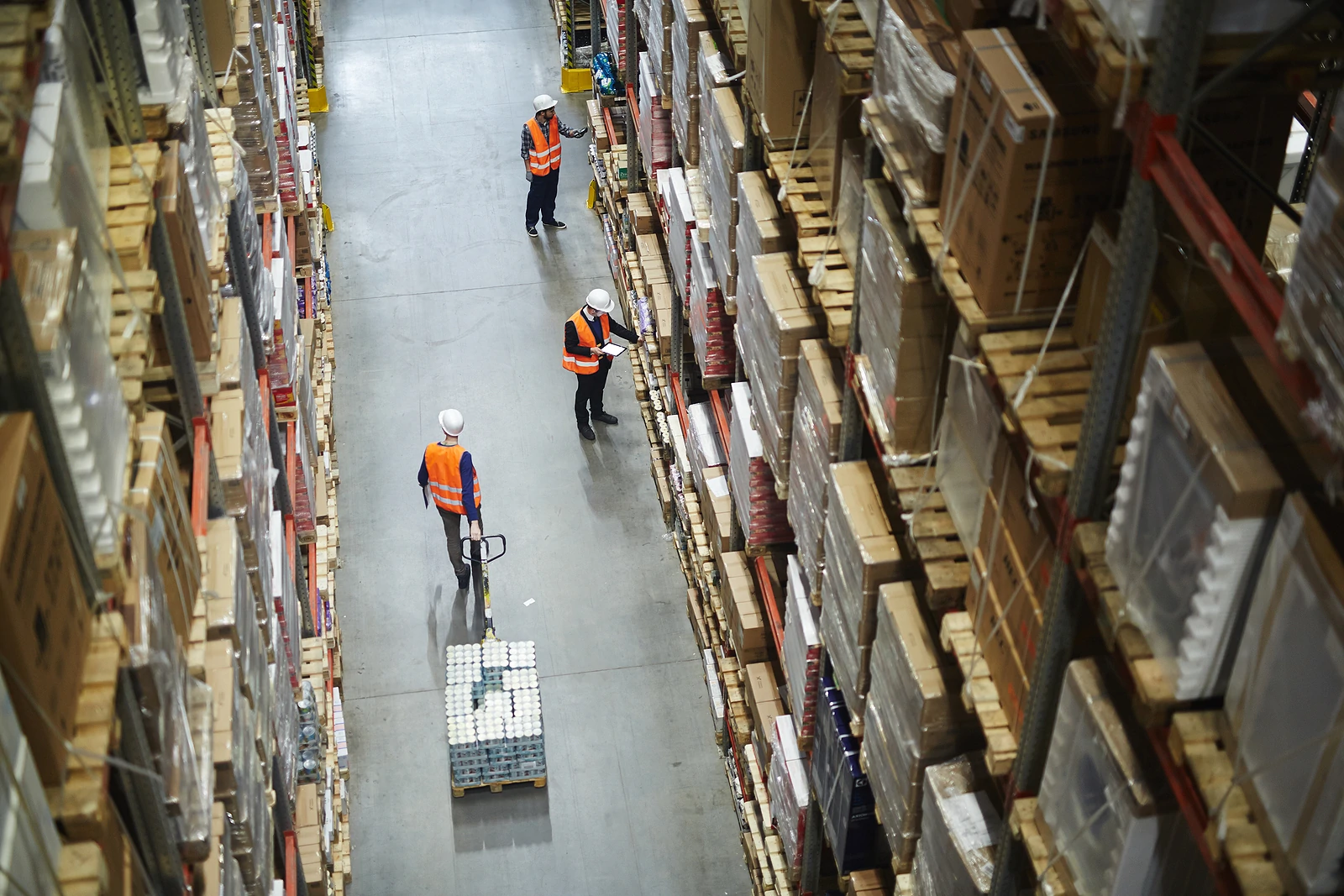 Overhead view of warehouse workers
